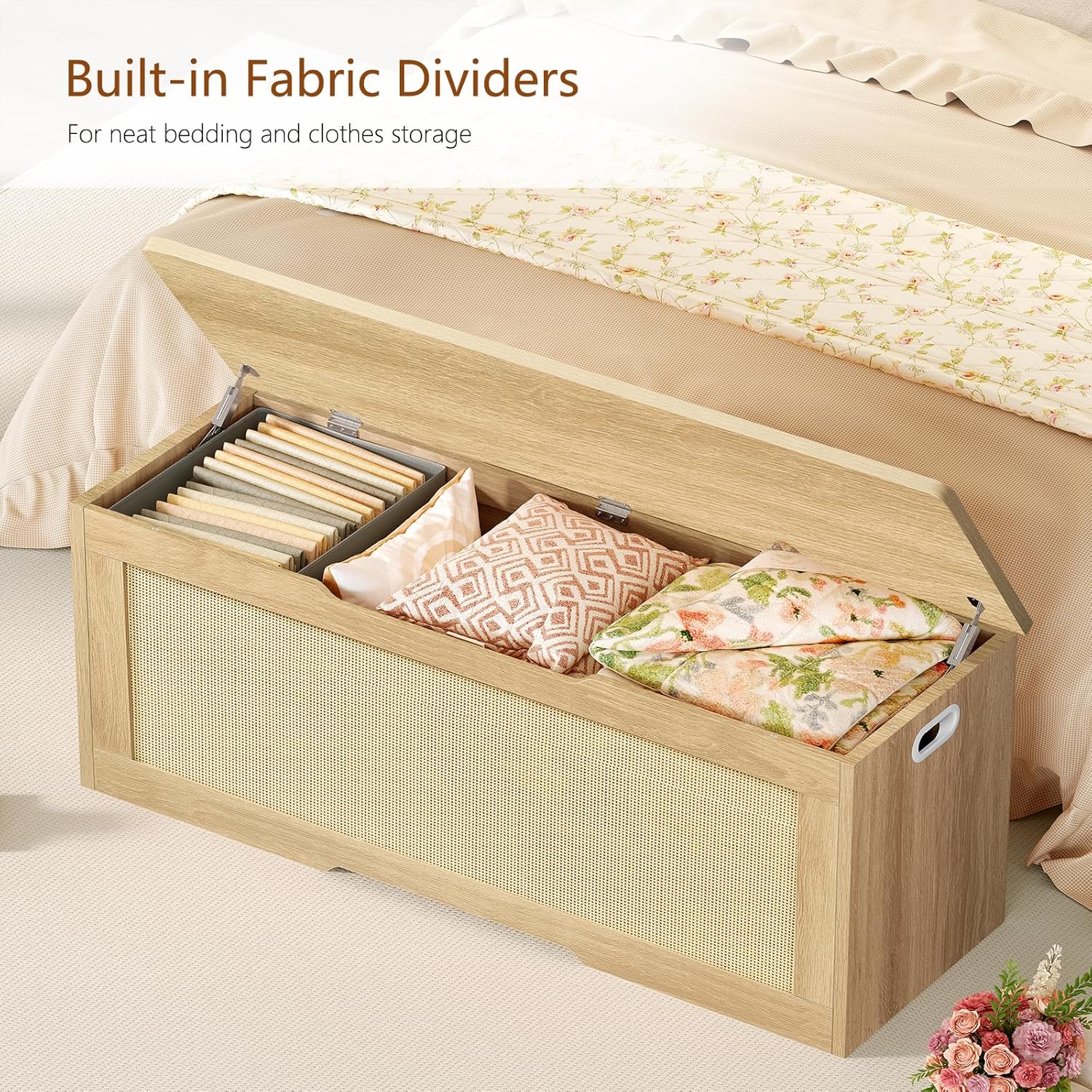 usikey 47.2" Large Storage Chest with Fabric Drawer, Toy Box with Safety Hinges, Extra Wide Storage Bench for Bedroom, Living Room, Entryway, Supports 300 lb