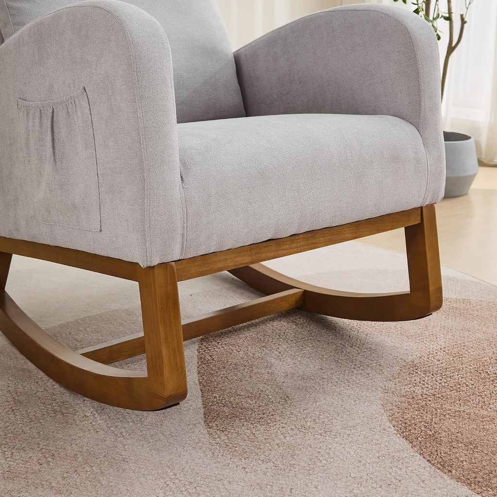 Gentle Rocking Chair, Nursery Chair, Polyester Accent Armchair with High Back, Side Pocket, Rubber Wood Legs, Light Gray, for Living Room or Bedroom