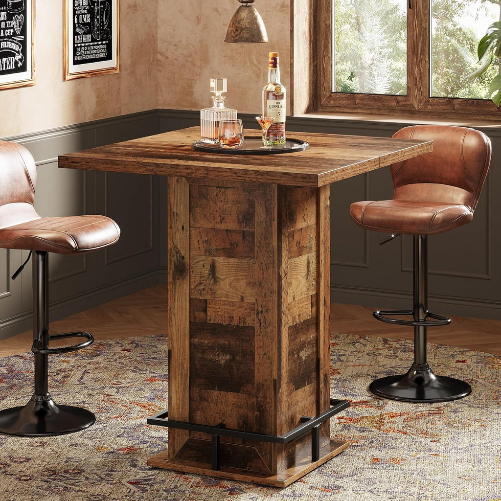 Tribesigns 39.4" H Square Bar Table, Industrial High Top Bistro Pub Cocktail Table with Metal Footrest for Kitchen Nook, Home Bar, Small Bars, Dark Brown (Table Only)