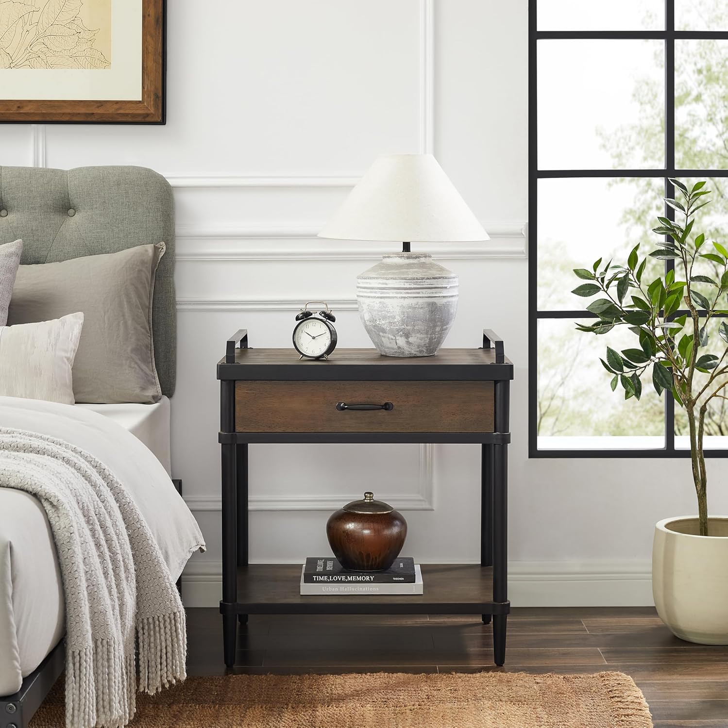Art Leon Side Table - Mid Century Modern Night Stand, Bedside Table with Wood Drawer, End Table with Storage Shelf for Living Room, Walnut