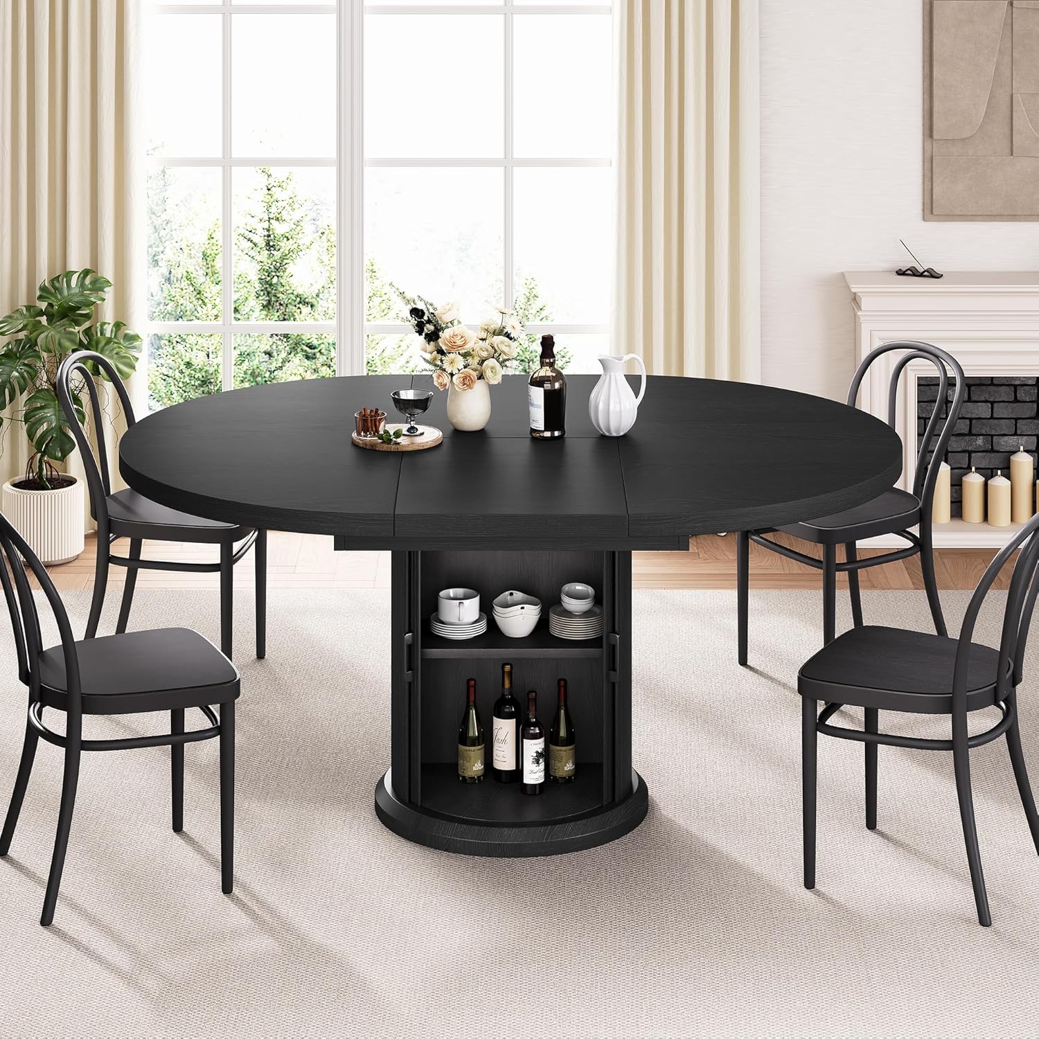 47"–63" Extendable Round Dining Table for 4-8, Expandable Kitchen Dining Table with Hidden 2-Tier Storage Shelf, Space-Saving Oval Dining Room Table with Pedestal Base, Black