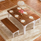 HUAHUU 63" Farmhouse Dining Table Set for 4-6, Kitchen Table with 2 Benches, Space Saving 3-Piece Rectangle Wooden Dinette Table Set for Dining Room, Breakfast Nook, Small Space, Brown & White