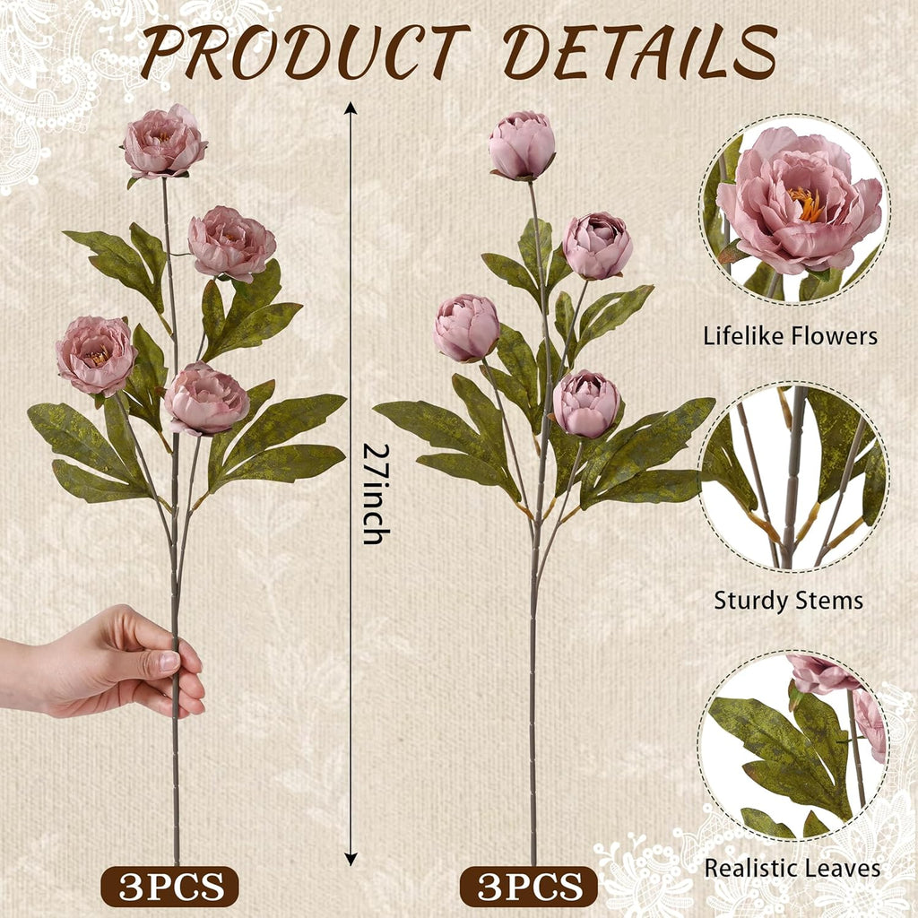 Waipfaru 6 Pcs Faux Peonies Artificial Flowers for Vase, Vintage Silk Peony Stems for Wedding Vase Filler DIY Bouquet Centerpieces Home Indoor Outdoor Decor (Pink, 27")