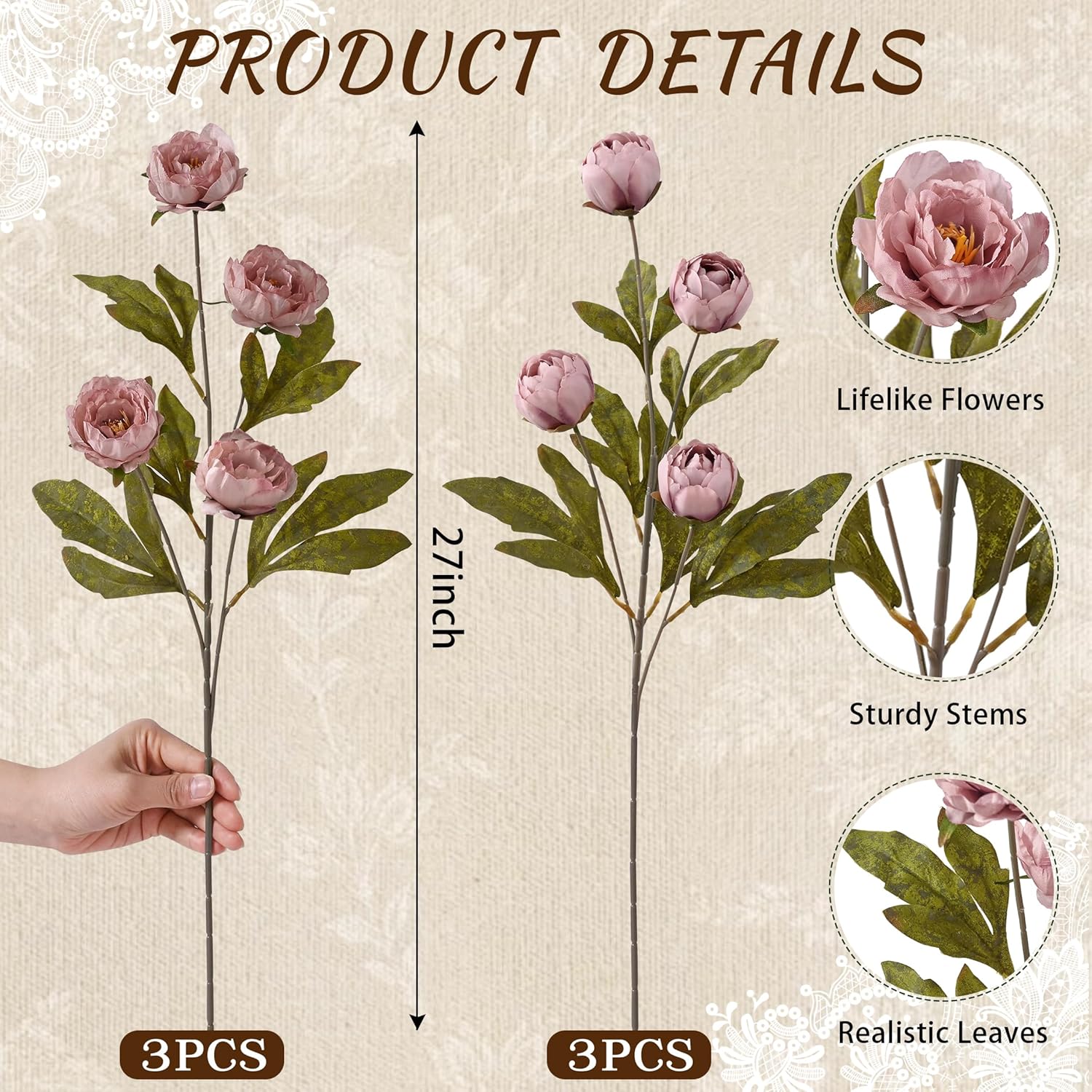 Waipfaru 6 Pcs Faux Peonies Artificial Flowers for Vase, Vintage Silk Peony Stems for Wedding Vase Filler DIY Bouquet Centerpieces Home Indoor Outdoor Decor (Pink, 27")