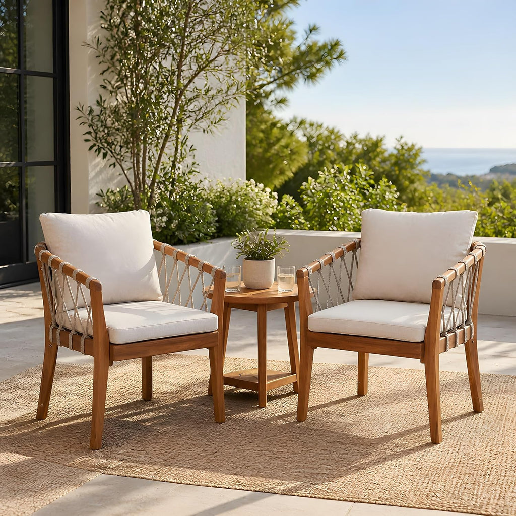 Elountik Patio Dining Chairs Set of 2, Acacia Wood Frame with Teak Finish, Multi Brown Rope Weave, Water Repellent Beige Cushion for Backyard Garden Balcony