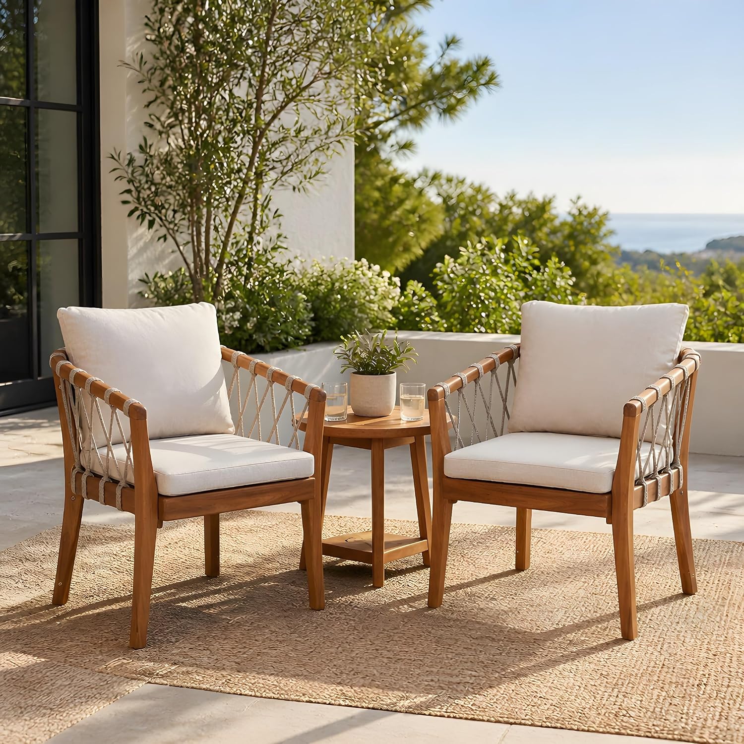 Elountik Patio Dining Chairs Set of 2, Acacia Wood Frame with Teak Finish, Multi Brown Rope Weave, Water Repellent Beige Cushion for Backyard Garden Balcony