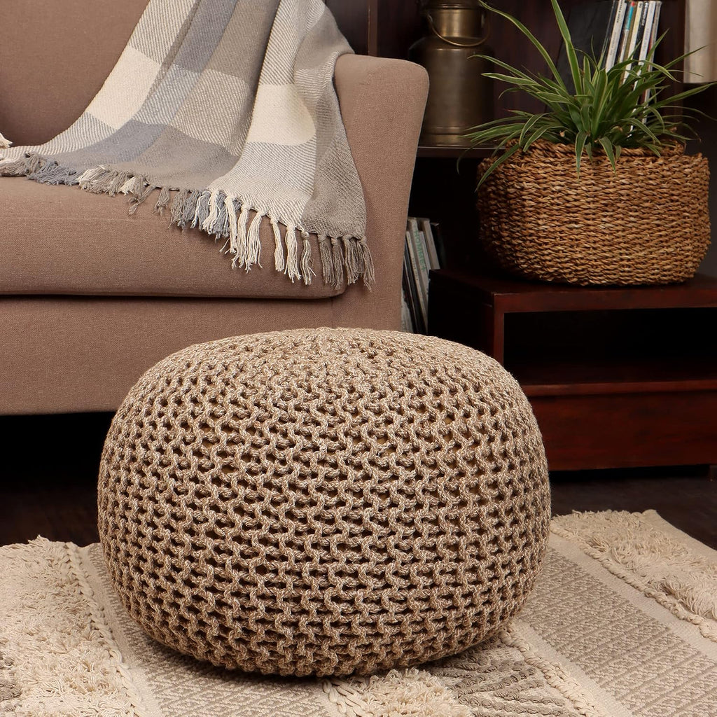 · REDEARTH · Round Pouf Ottoman - Hand Knitted Boho Poof - Beige Ivory | 100% Cotton, 18"x18"x14"; Doubles as Footstool, Foot Rest; Great for Living Room, Bedroom, Nursery, Patio, Dorm, Lounge