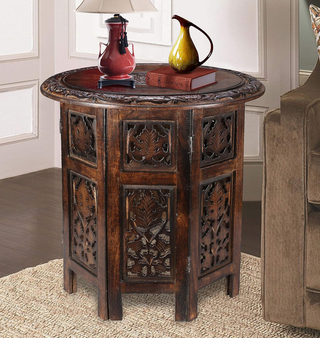 Round Wood Coffee Table - 18” Carved Small Accent Side Table with Burnt Finish, Wooden Altar Table, 18” Round Top x 18” Height, Perfect End Table for Living Room Decor
