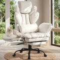 Flip Armrests Criss Cross Office Chair, Reclining Office Chair with Foot Rest, Adjustable Headrest, Massage Waist Pillow, Cross Legged Big and Tall Desk Chair Wide Seat Vanity Chair, PU Leather White
