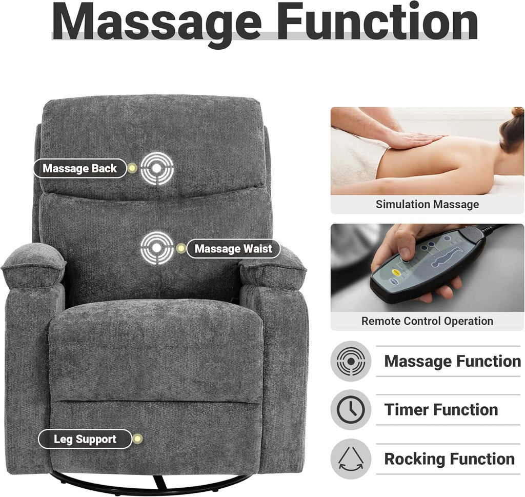 360° Swivel Rocking Recliner Chair, Massage Lazy Recliner, Small Spaces Recliner for Living Room, Bedroom and Nursery, Dark Gray Chenille