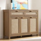 SICOTAS Rattan Sideboard Buffet Cabinet with Storage, Boho Credenza Accent Cabinet with 3 Doors and 2 Drawers, Farmhouse Console Coffee Bar for Kitchen, Living Room, and Entryway, Caramel Oak