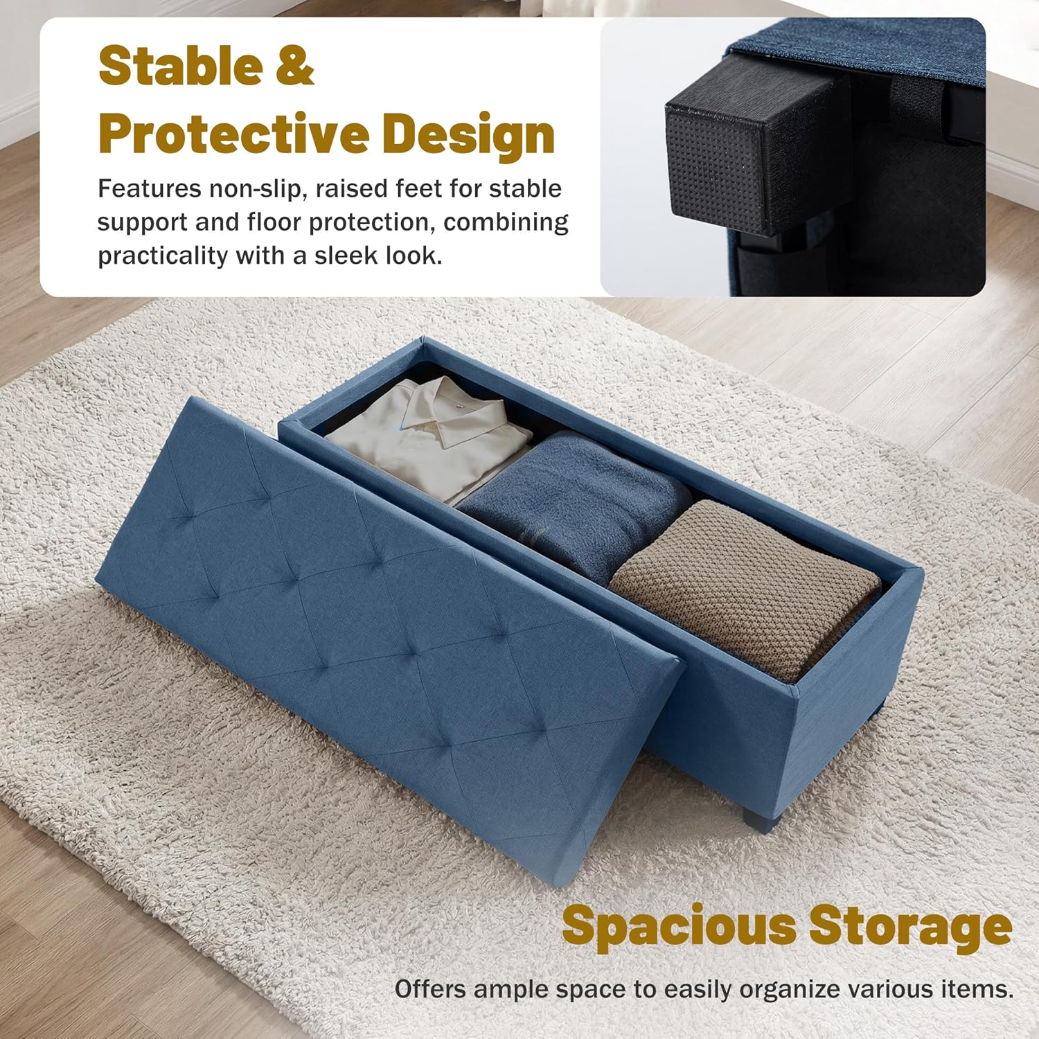 DUMOS Upholstered Storage Bench, End of Bed Ottoman, Extra Large 46.5 Gal (176L) Internal Volume, Foot Stool for Bedroom, Living Room, Sturdy Storage Chest, Blue, 43.3" L x 15.7" W x 15.7" H