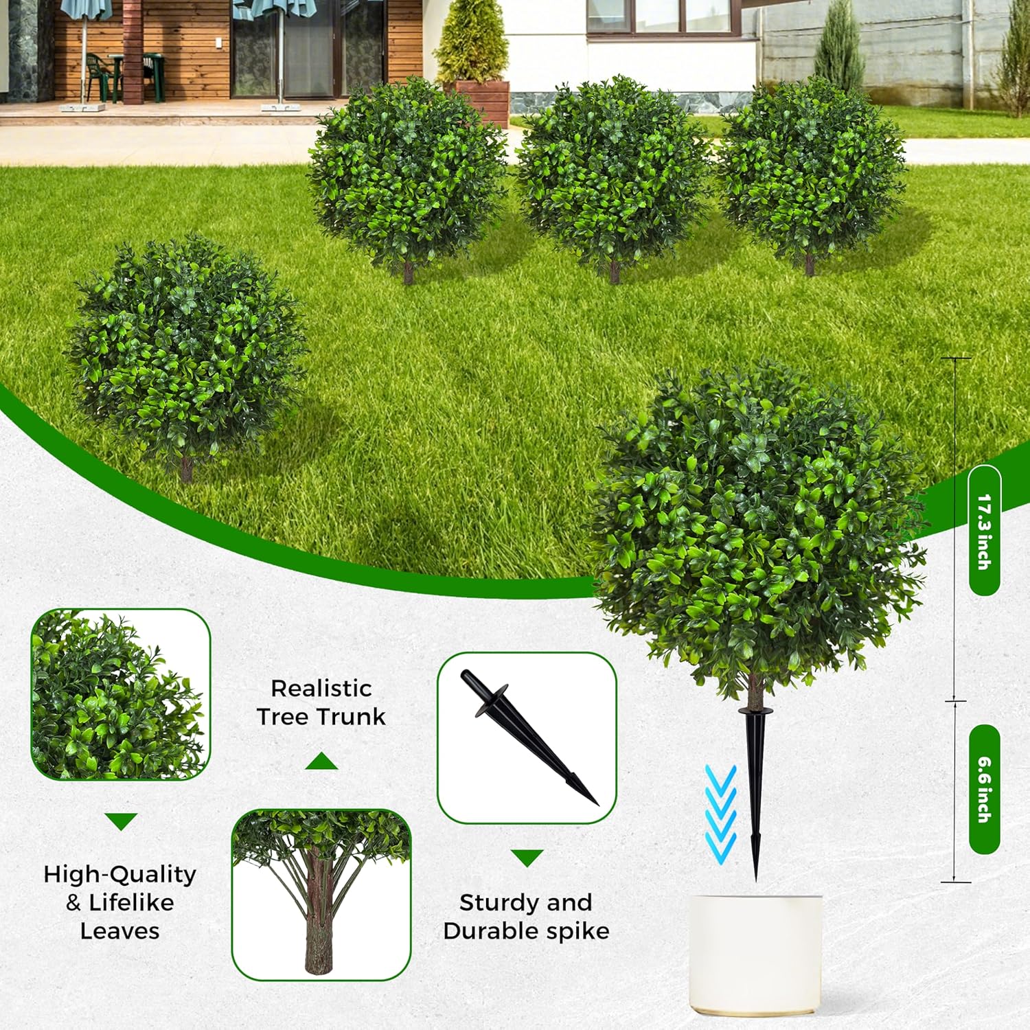 21.6 Inch Artificial Boxwood Topiary Bushes, Set of 4 Fake Shrubs, UV Resistant Plants Faux Topiary Ball Tree for Outdoor Garden Patio Front Porch & Indoor Decor