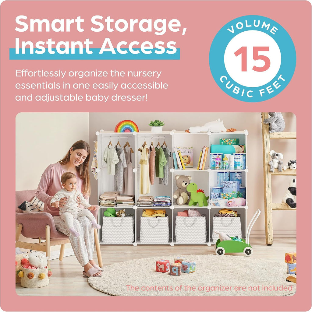 CUBEDIY Baby Closet Organizer for Nursery: Durable Baby Wardrobe for Closet - Customizable Baby Dresser Amoire Shelves - Waterproof Shelf Clothes Organizer w/Wall Fixation (White)