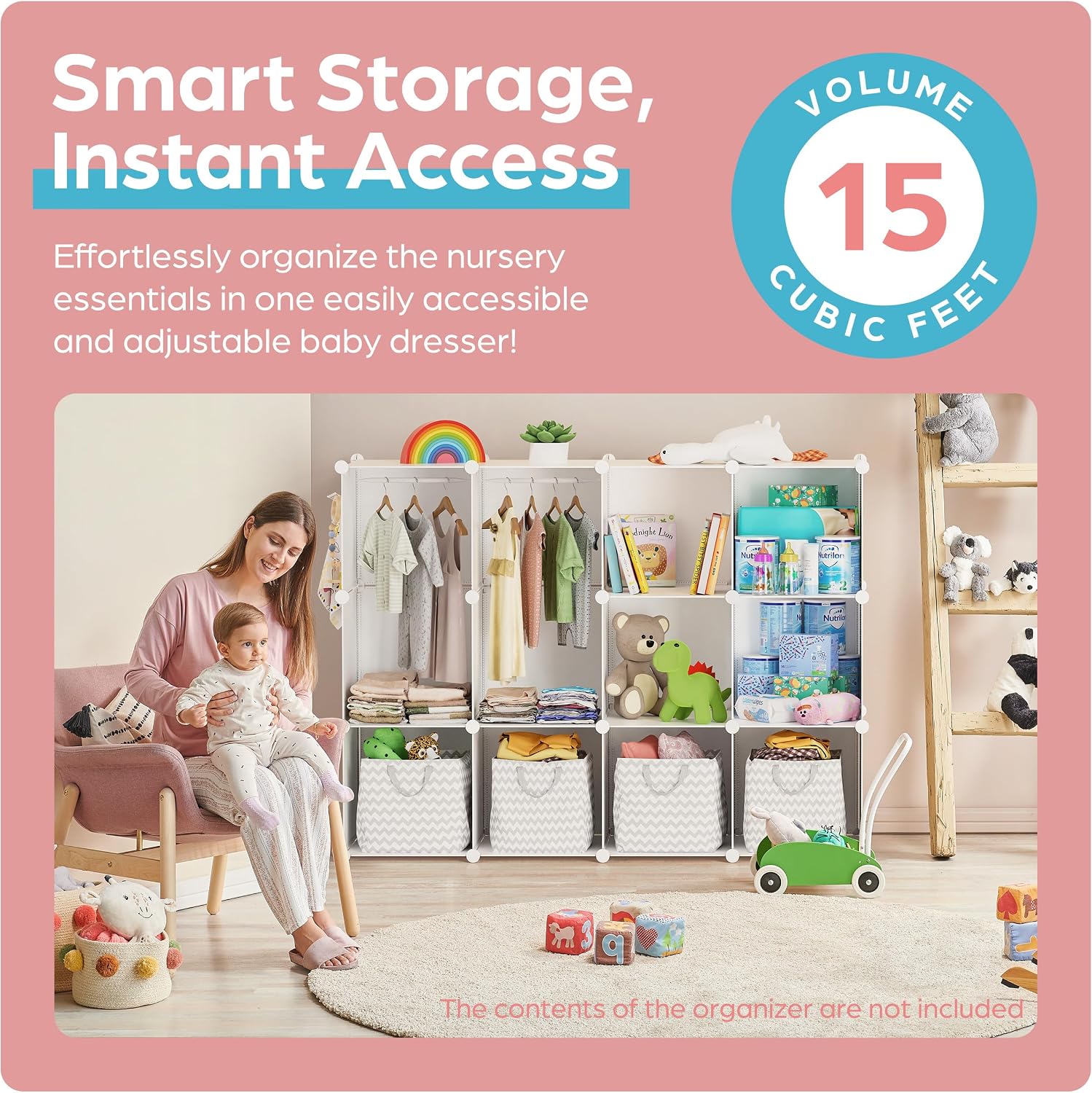 CUBEDIY Baby Closet Organizer for Nursery: Durable Baby Wardrobe for Closet - Customizable Baby Dresser Amoire Shelves - Waterproof Shelf Clothes Organizer w/Wall Fixation (White)