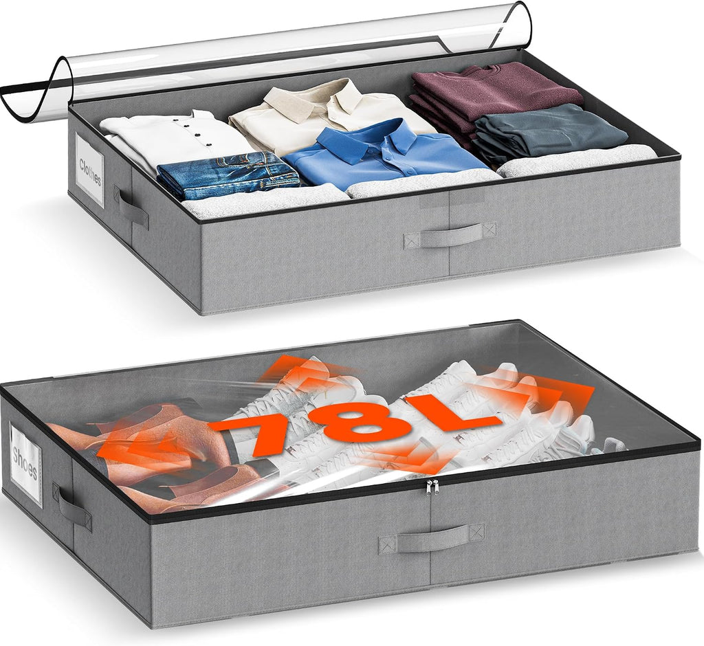 XXXL 78L Under Bed Storage, Storage Containers with Support & Clear Lid, Support Frame, Underbed Storage Bins for Clothes, Shoes, Blankets, and Toys 2 pack