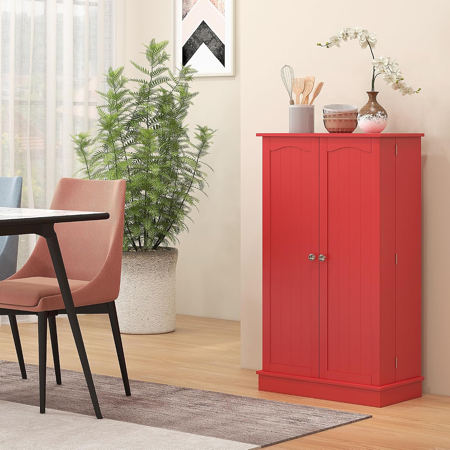 41" Kitchen Pantry Storage Cabinet, Red, with Double Doors, 12 Interior Shelves, Adjustable Shelves for Dishes and Cookbooks