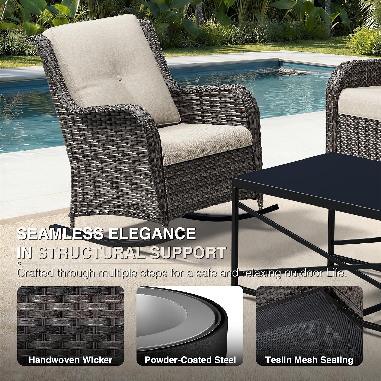 Joyside Outdoor Rocking Chair, Wicker Patio Furniture with High Back, Deep Seating, Wide Armrest, Thickened Cushions, Outdoor Rattan Furniture for Deck, Porch Use