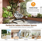 Mirightone Hanging Egg Chair with Stand, Foldable Wicker Egg Swing Chair for Patio Porch Balcony Bedroom, HDPE Rattan Hanging Chair with Plush Cushion, Removable Headrest & Adjustable Feet,Brown+Grey
