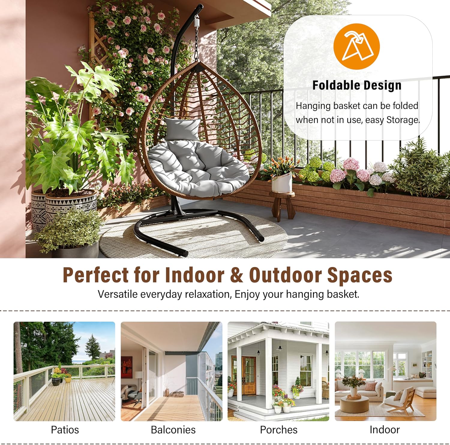 Mirightone Hanging Egg Chair with Stand, Foldable Wicker Egg Swing Chair for Patio Porch Balcony Bedroom, HDPE Rattan Hanging Chair with Plush Cushion, Removable Headrest & Adjustable Feet,Brown+Grey