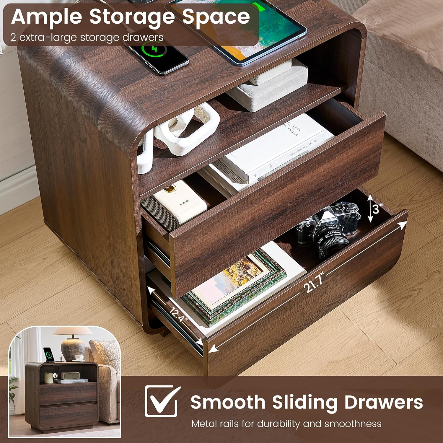 Standifurno Modern Nightstand Set of 2, 23.2" Wide Wood Bedside Table with Charging Station, 2 Storage Drawers Side Table Curved Profile, Handleless, Large End Table Night Stand for Bedroom, Walnut