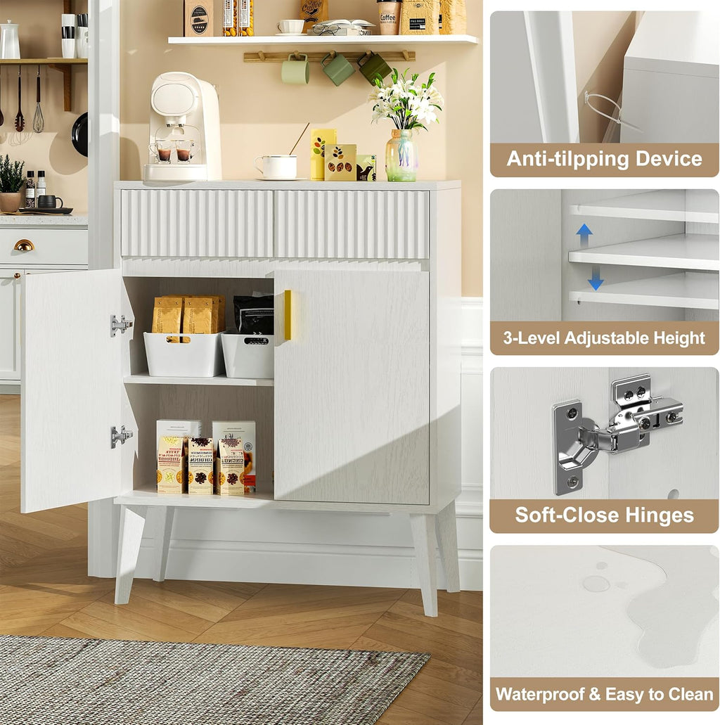 Sideboard Storage Cabinet with 2 Drawers & 2 Doors, Fluted Kitchen Buffet Cabinet with Adjustable Shelves, Coffee Bar Station for Living Room, Entryway, 13.8 x 27.6 x 35.6 Inches, White