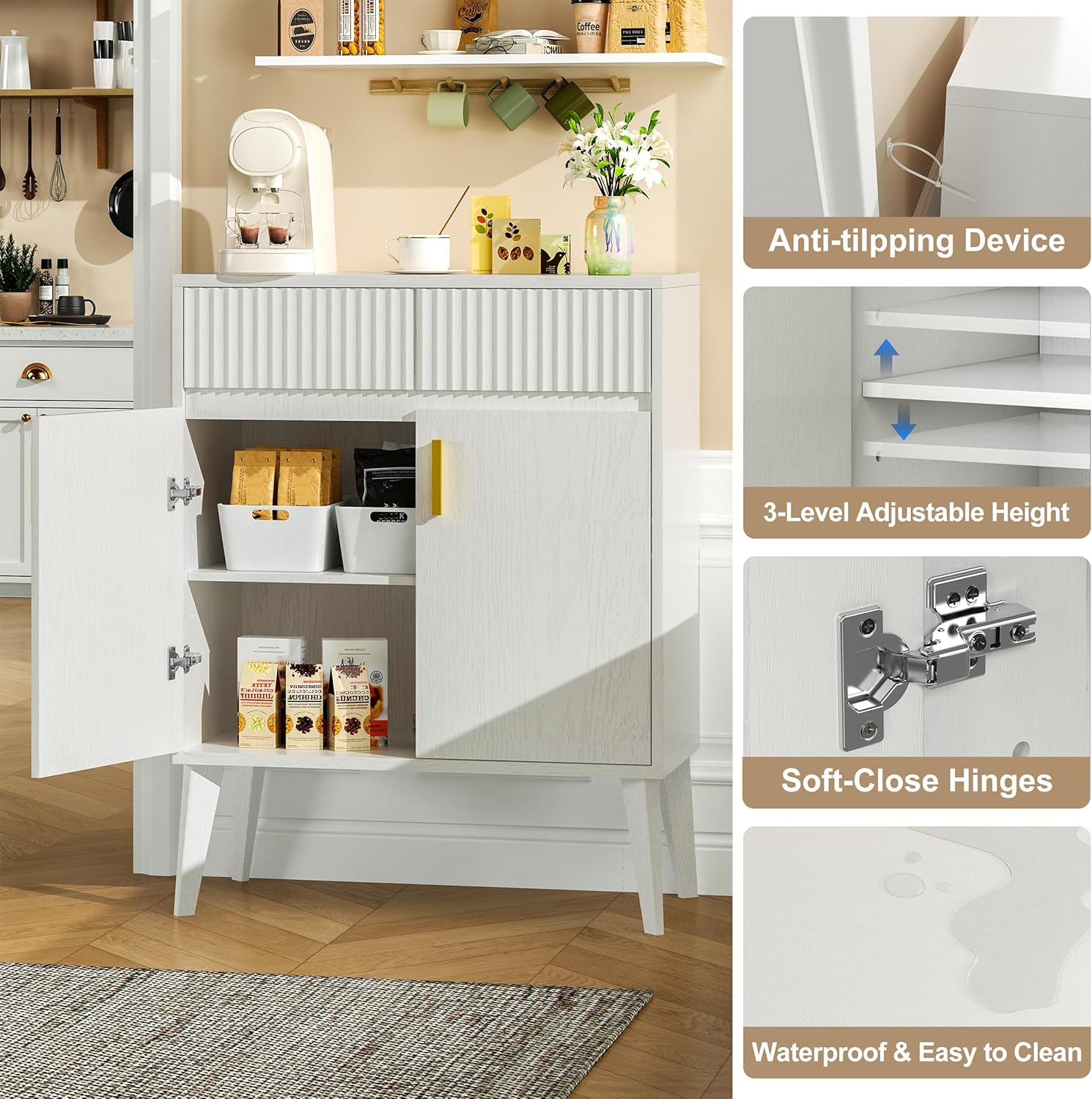 Sideboard Storage Cabinet with 2 Drawers & 2 Doors, Fluted Kitchen Buffet Cabinet with Adjustable Shelves, Coffee Bar Station for Living Room, Entryway, 13.8 x 27.6 x 35.6 Inches, White