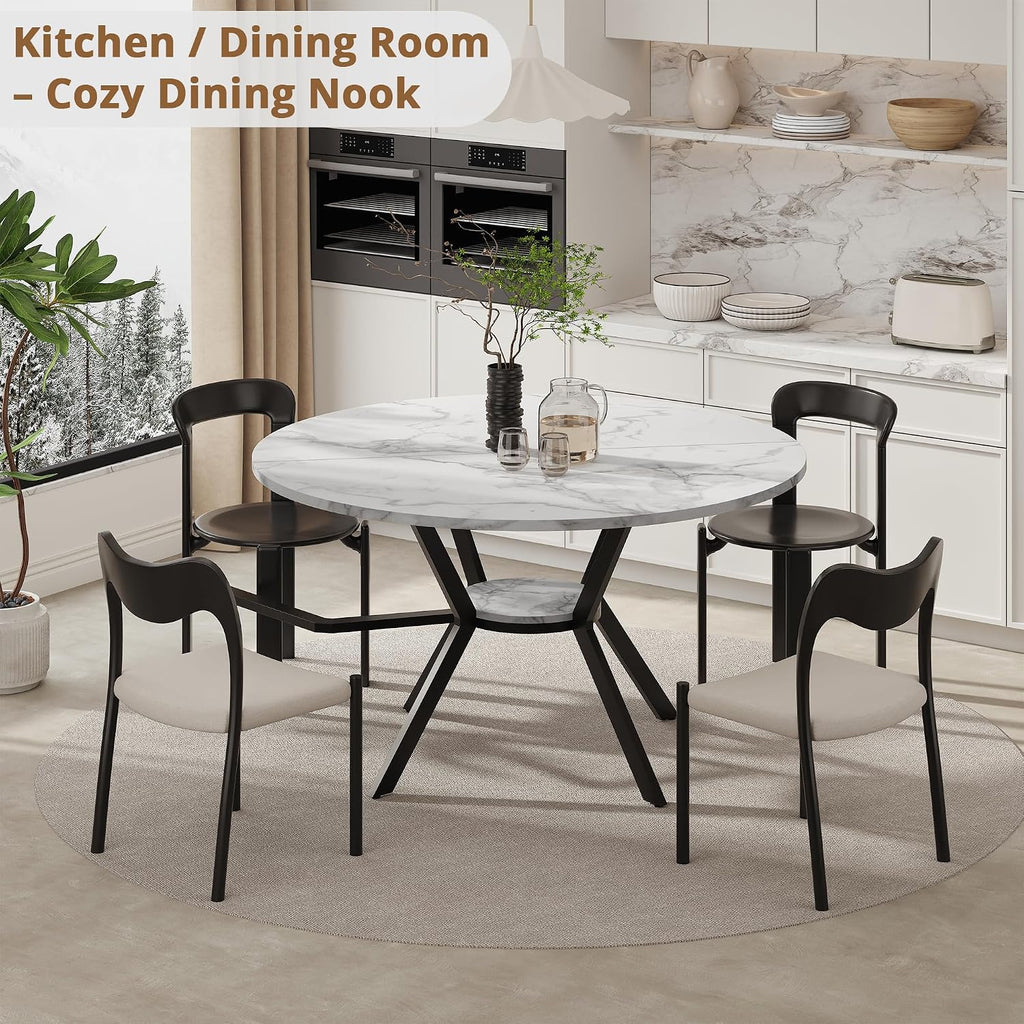 42" Round Dining Table for 2-4, Modern Kitchen Table with Faux Marble Tabletop & Metal Legs, Space Saving Circle Table with Storage, Wood Kitchen & Dining Room Tables for Kitchen Dining Room