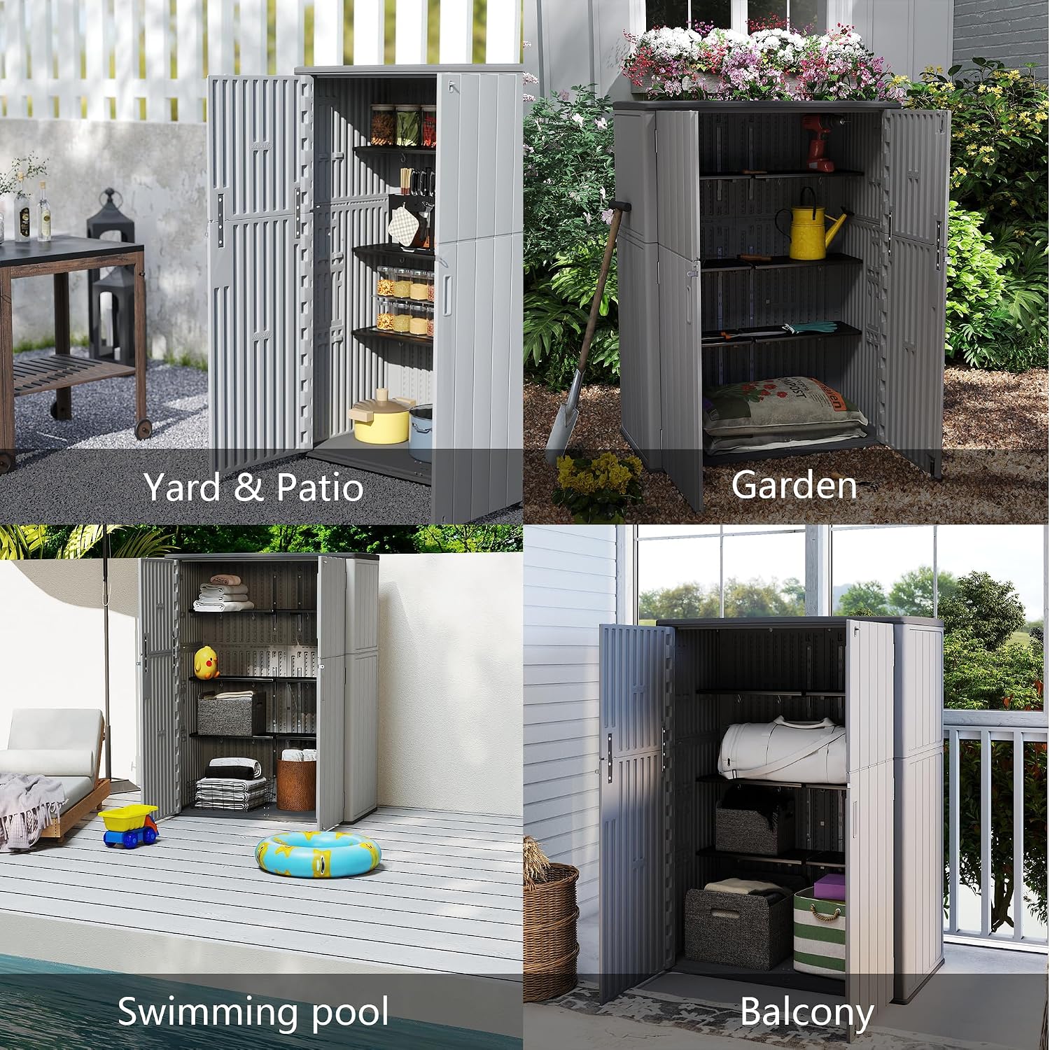 Multi-Function Gray Storage Tower, Measuring 52x28x69 Inches - A Weatherproof Solution for Organizing Tall Tools and Storage
