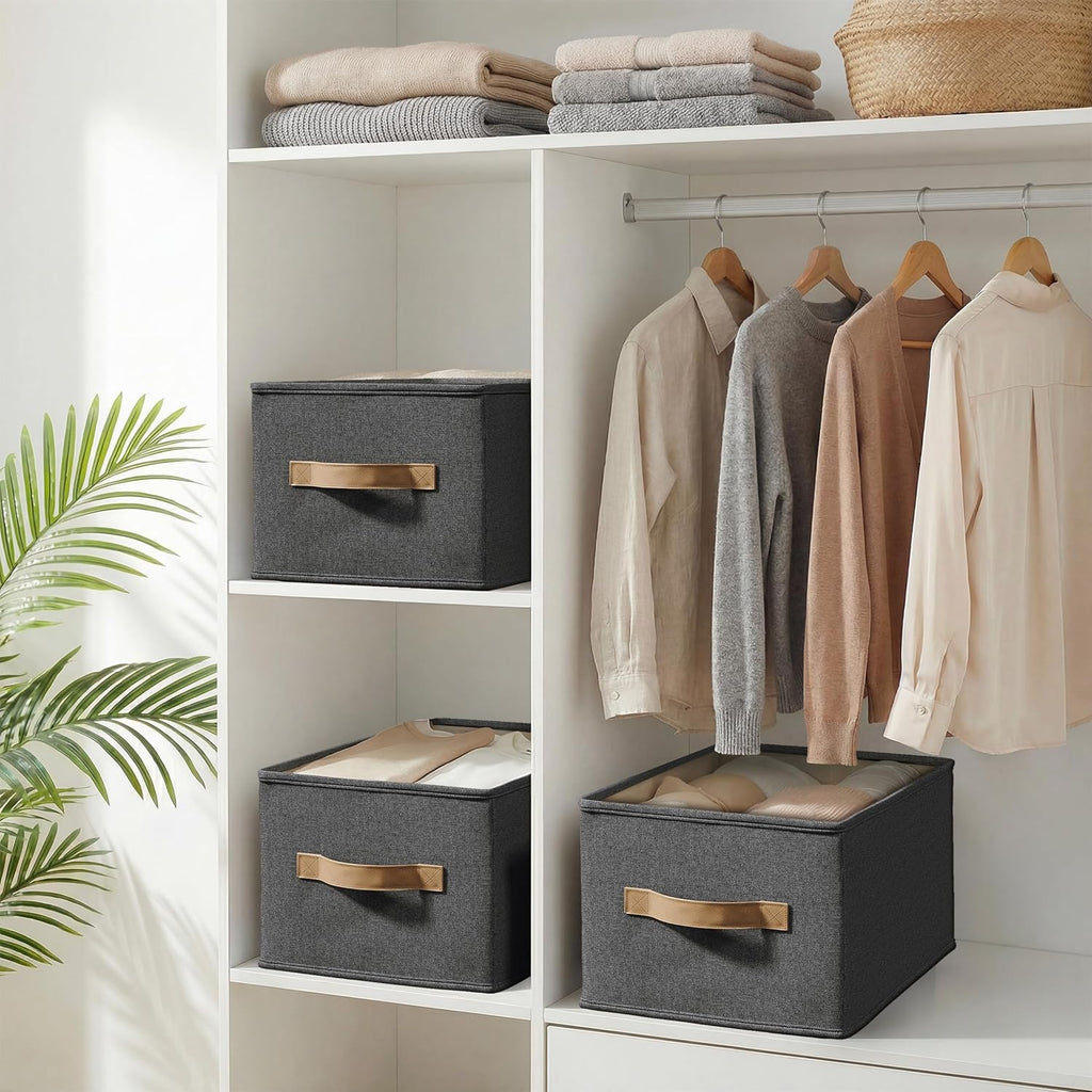 LayerSpace 3 Pack Fabric Storage Bins for Shelves | 14¾" L*10¼" W*8¼" H Closet Storage Bins | Collapsible Closet Organizers for Clothes | Linen Clothes Bins | Black