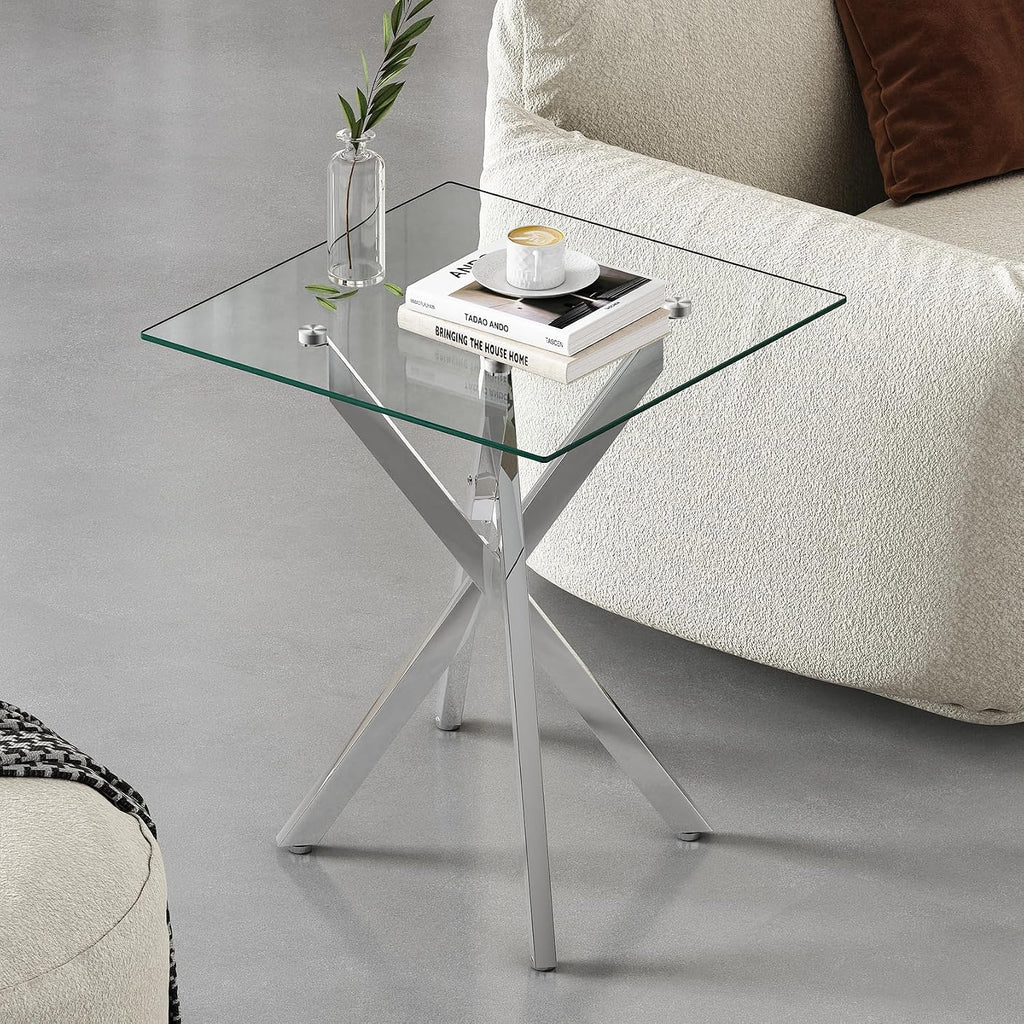Modern Glass Side Table 17.72" Square End Table with Metal Legs, Small Clear Tempered Glass Sofa Tables for Living Room, Bedroom, Nightstand (Silver)
