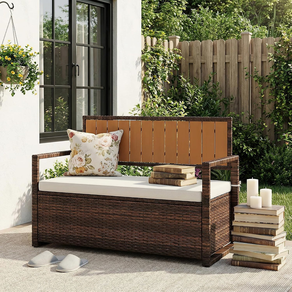 TrailBlaze Outdoor Rattan Storage Bench with Cushion – Large Capacity Waterproof Wicker Deck Box – Backrest & Armrests – Durable Iron & Wood Frame for Garden, Patio, Balcony, Porch – Dark Brown Rattan