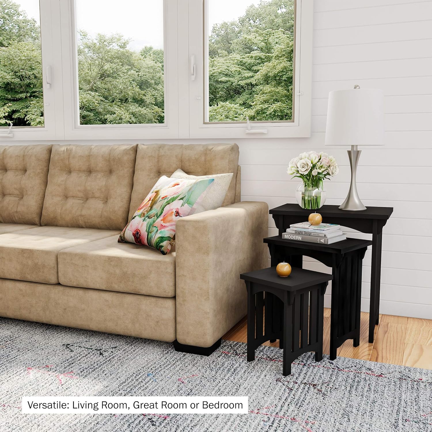 Nesting Tables-Set of 3, Traditional with Mission Style Legs for Living Room Coffee Tables or Nightstands-Home Accent Furniture by Lavish Home (Black)