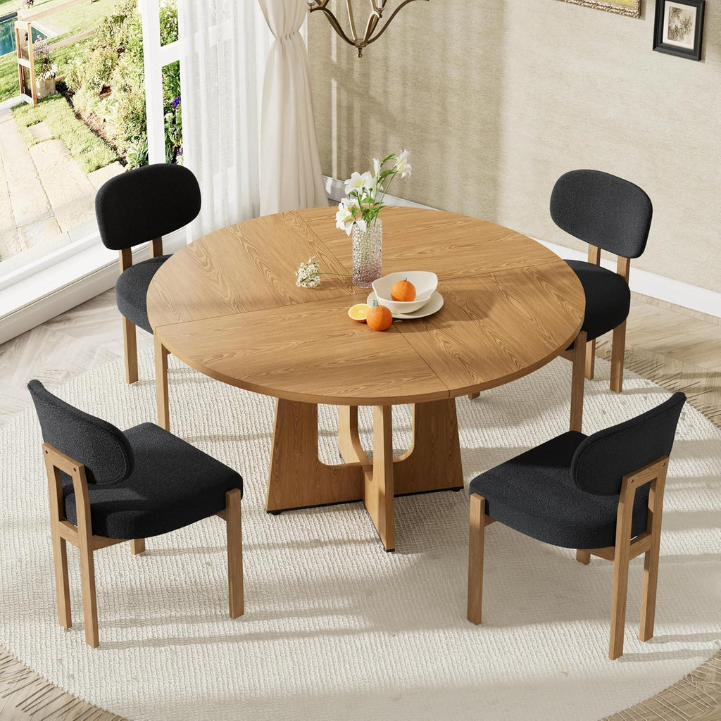 Modern 5-Piece Dining Table Set with 4 Chairs,Oak Round MDF Dining Table, Black Fabric Upholstered Chairs with Natural Wood Legs for Kitchen Dining Room Home
