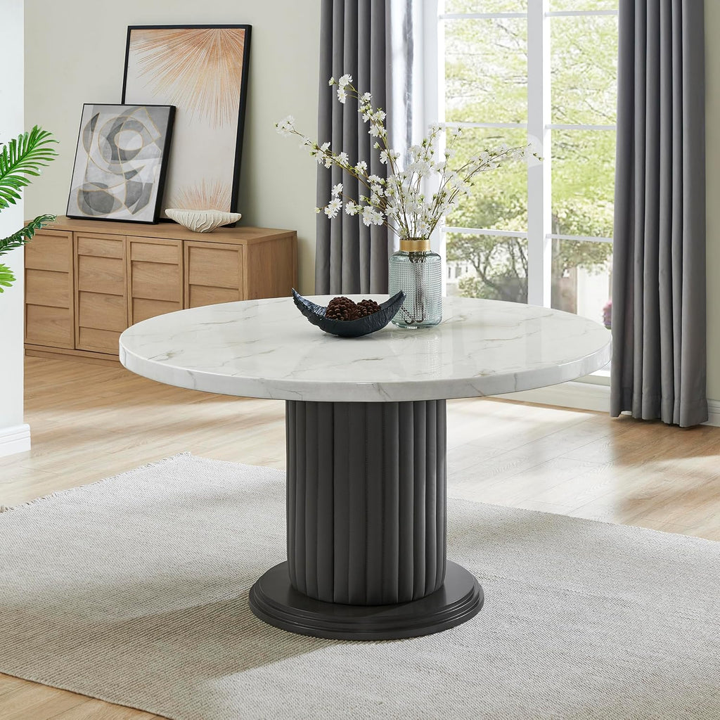 54" Round Dining Table White Faux Marble Top Gray PVC-Upholstered Pedestal Column Gray Wood Base, Fluted Stitching, Foam Padding, Sturdy MDF & Plywood, Modern Contemporary Kitchen Dining, Seats 6