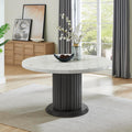 54" Round Dining Table White Faux Marble Top Gray PVC-Upholstered Pedestal Column Gray Wood Base, Fluted Stitching, Foam Padding, Sturdy MDF & Plywood, Modern Contemporary Kitchen Dining, Seats 6