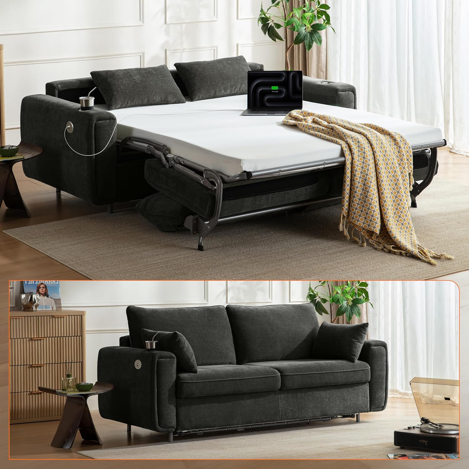 Pull Out Sofa Bed, No Cushion Removal, Queen Sleeper Sofa with USB Fast Charging, Memory Form Mattress, 2-in-1 Convertible Comfy Loveseat Couch Bed for RV, Apartment, and Small Spaces (Dark Grey)