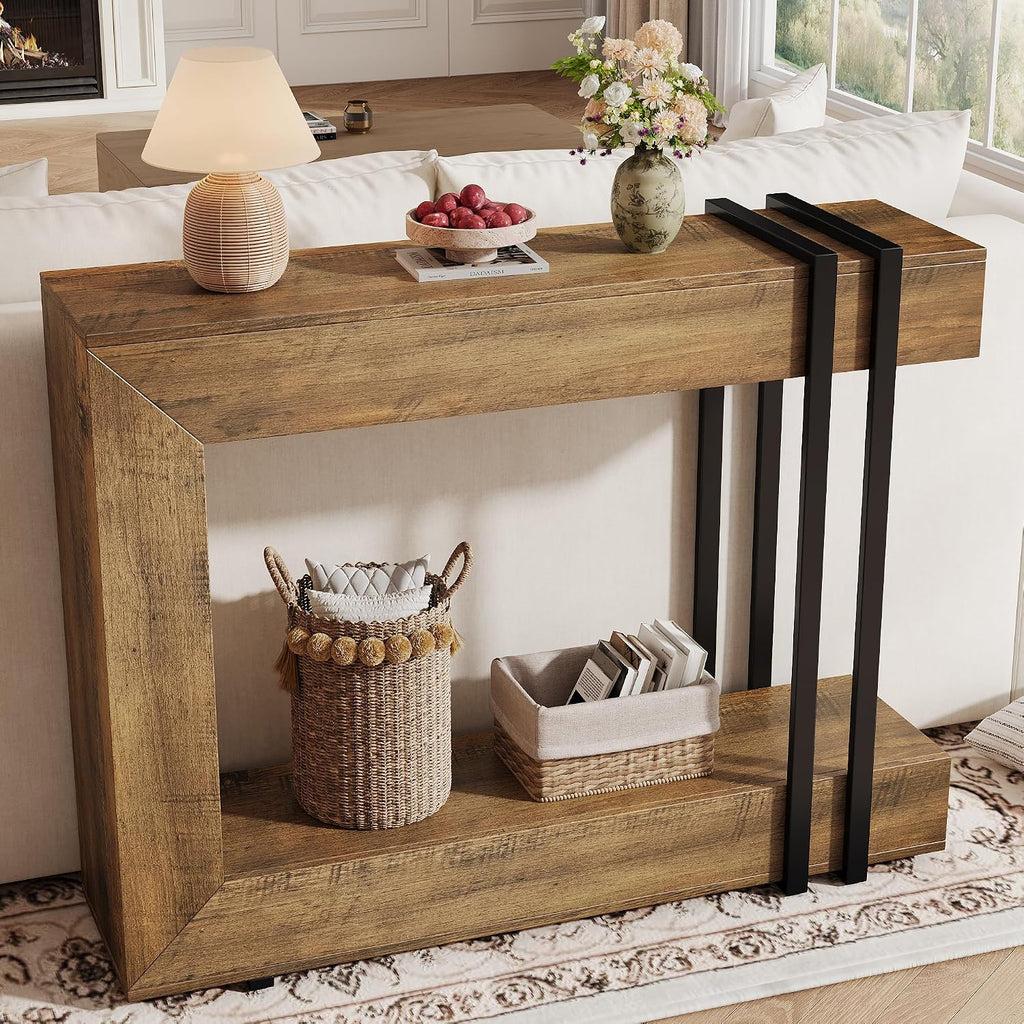 iPormis 42.5-Inch Console Table for Entryway, 2-Tier Sofa Table Behind Couch, Wood Entry Table with Storage & Metal Lines Base for Living Room, Hallway, Foyer, Rustic Brown