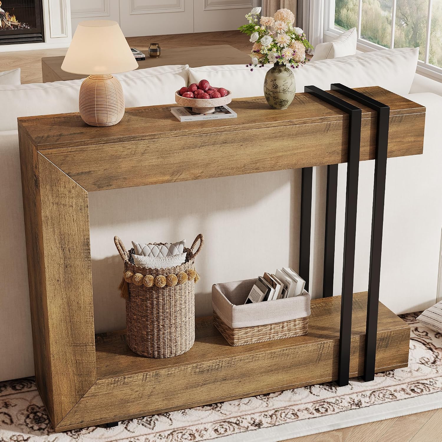 iPormis 42.5-Inch Console Table for Entryway, 2-Tier Sofa Table Behind Couch, Wood Entry Table with Storage & Metal Lines Base for Living Room, Hallway, Foyer, Rustic Brown