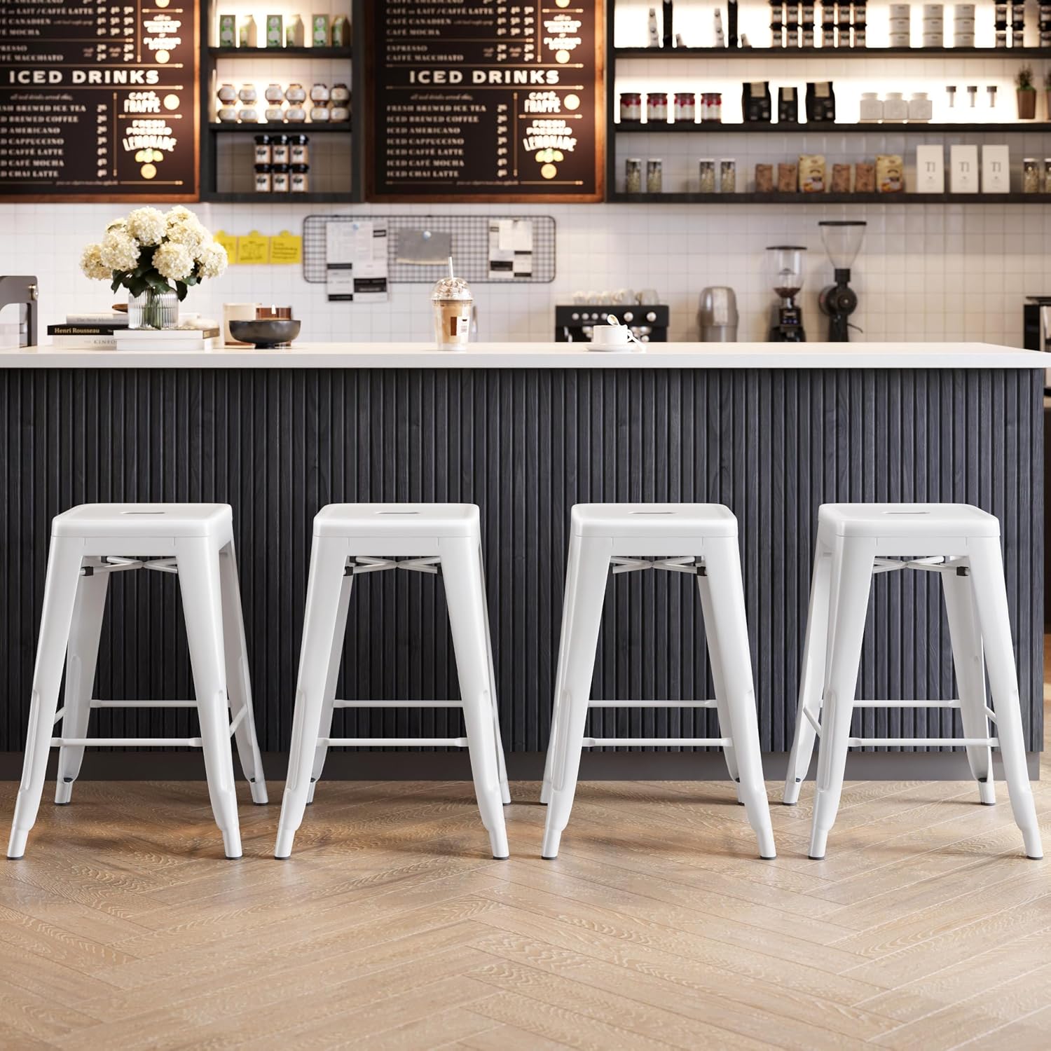 Yaheetech 24 Inch Metal Barstools Set of 4, Counter Height Backless Stools, Industrial Stackable Bar Chairs with Footrest for Kitchen/Dining Room/Bistro/Patio, White