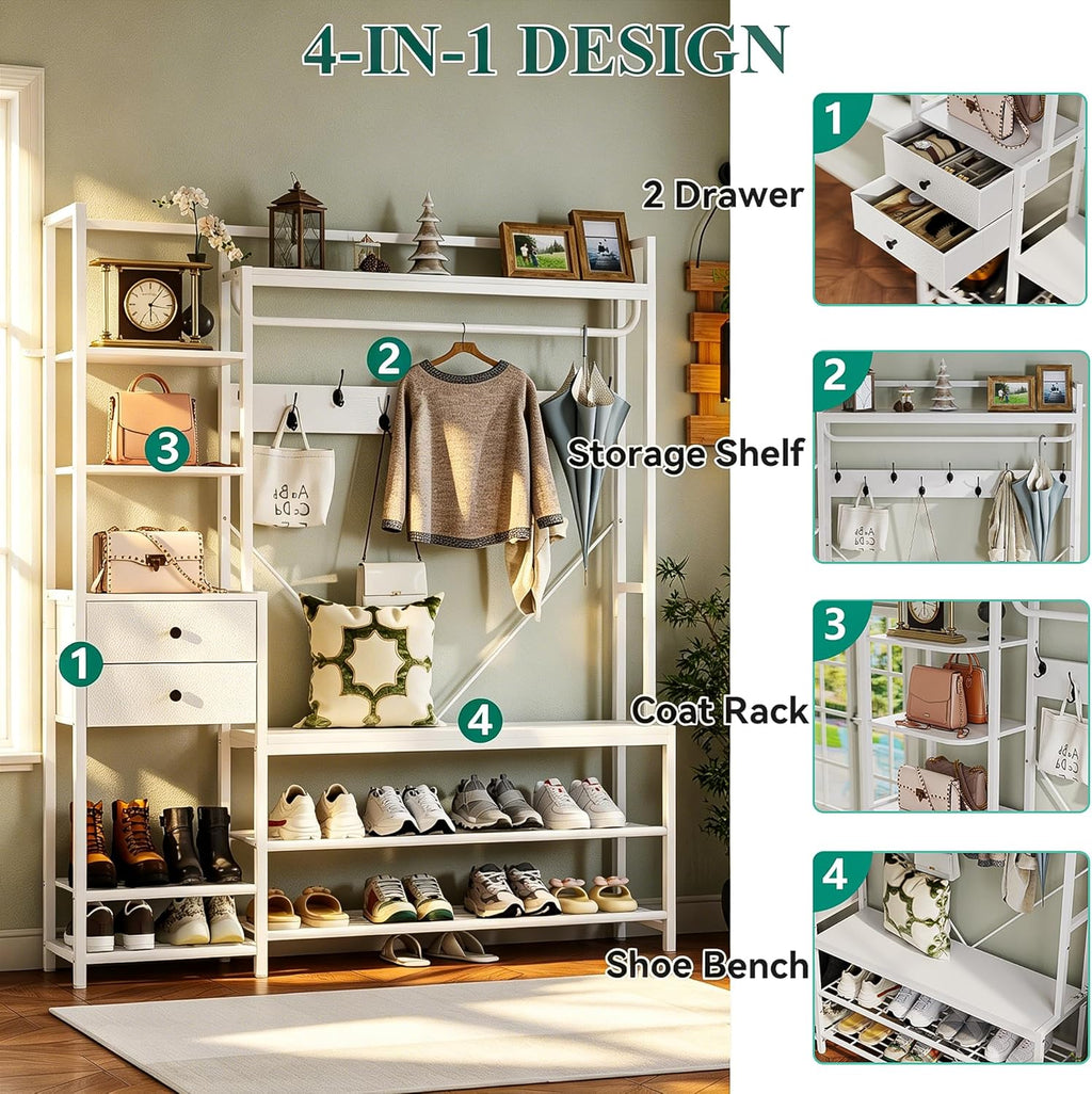 Gyfimoie 7-in-1 White Hall Tree with Bench and Shoe Storage, 55" Wide Entryway Coat Rack with Shoe Storage Shelves & Drawers, Mudroom Bench with Seating and Hooks for Hallway, Entrance