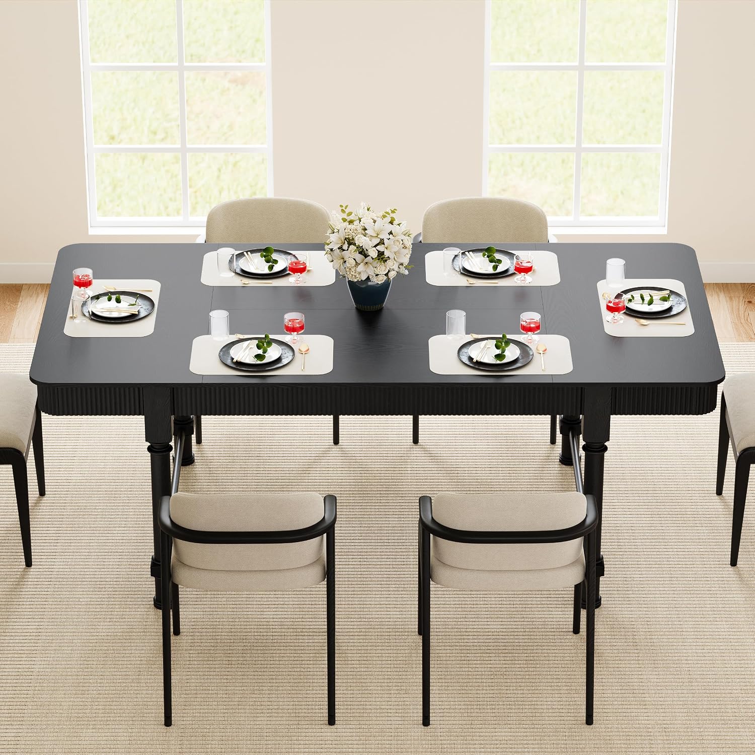 78 Inch Fluted Kitchen Dining Table for 6 8 10, Large Rectangular Kitchen Table with Drawers, Mid Century Modern Long Dinner Table Dining Room Tables with Solid Wood Legs for Home Living Room, Black