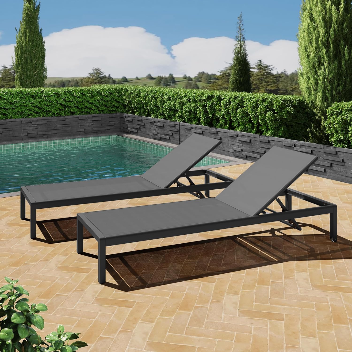 Outdoor Chaise Lounge Chair Set of 2, Aluminum Adjustable Outside Chair for Pool Patio Beach Yard, All Weather Use UV Resistant 400lbs Weight Capacity, Black
