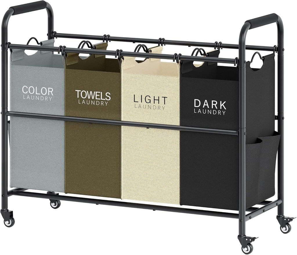 Tajsoon 4 Bag Laundry Sorter Cart, 4 Section Laundry Hamper Sorter with Heavy Duty Lockable Rolling Wheels, Laundry Separator Hamper with Removable Bags for Dirty Clothes Storage, 4 Colors