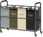 Tajsoon 4 Bag Laundry Sorter Cart, 4 Section Laundry Hamper Sorter with Heavy Duty Lockable Rolling Wheels, Laundry Separator Hamper with Removable Bags for Dirty Clothes Storage, 4 Colors