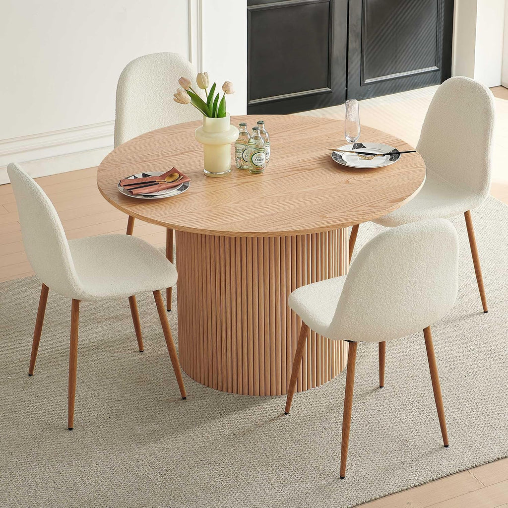 Dining Table Set for 4, Mid Century Modern 47 Inch Wooden Round Dining Table Set, Space Saving (Table + 4 White Chairs)