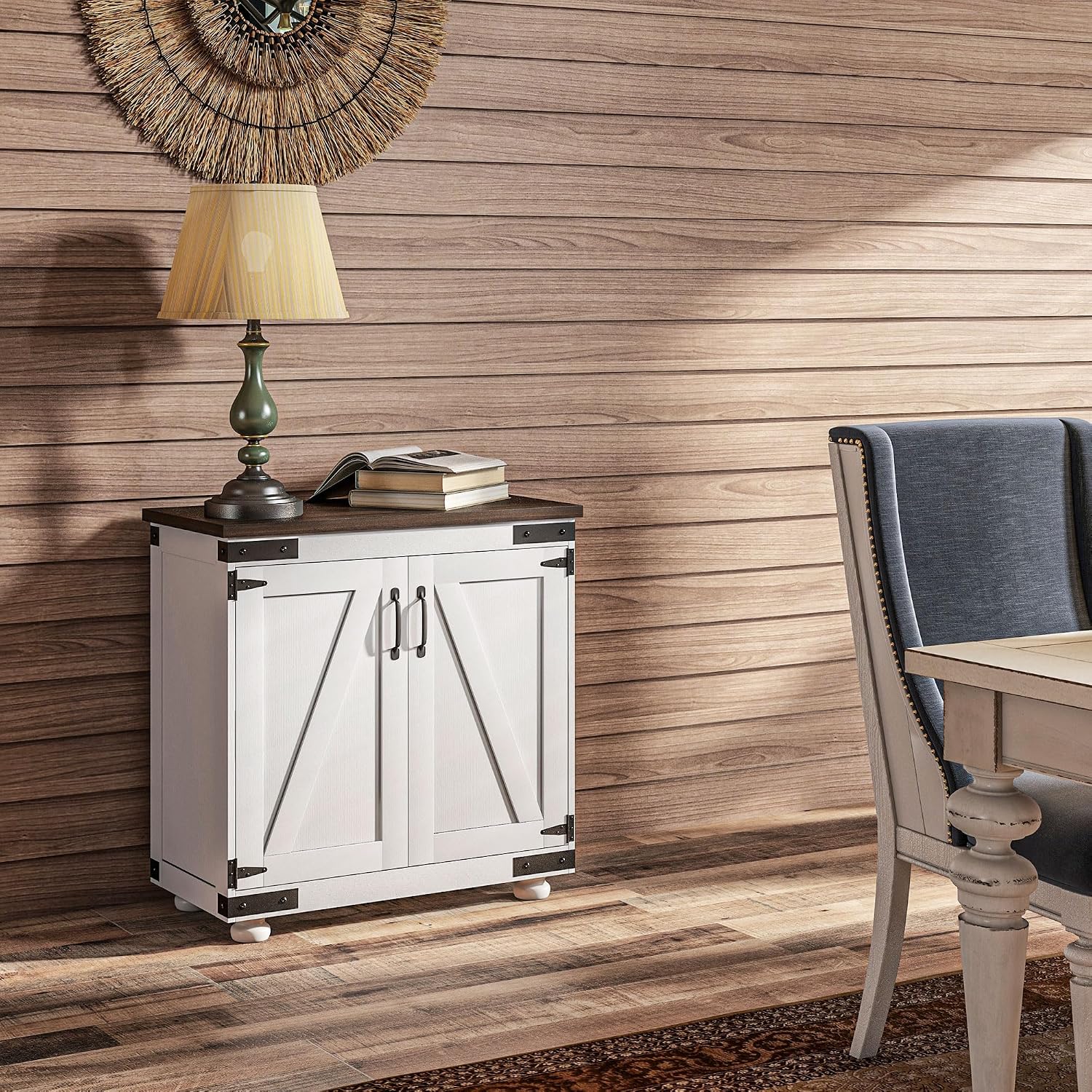 Farmhouse Kitchen Pantry, White Sideboard Buffet Cabinet with Barn Door and Adjustable Shelf, Wood Legs, Easy to Maintain, for Dining Room
