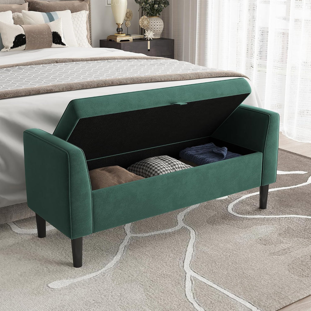 46.5 in Green Velvet Storage Ottoman Bench –Upholstered End-of-Bed Bench, Footrest Seat ,Multi-Functional Shoe Bench with Rolled Armrests & Wood Legs, for Entryway, Living Room, Bedroom & Hallway