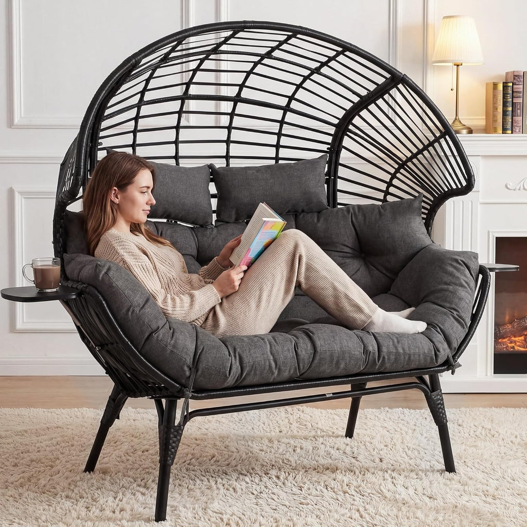 Double Egg Chair Outdoor Indoor 2 Person Wicker Egg Lounge Chair with Foldable Cup Holder Cushion Rain Cover Patio Oversized Loveseat for Balcony Porch Backyard