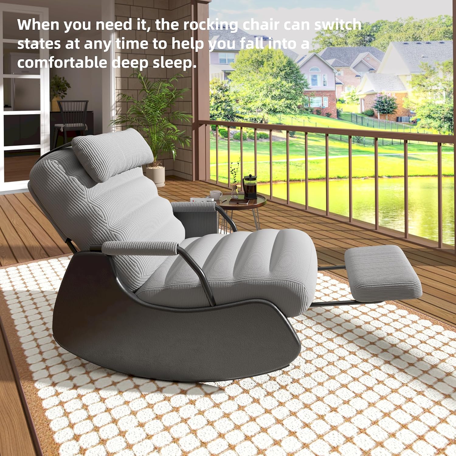Polar Aurora Nursery Rocking Chairs with Soft Seat and Headrest,Corduroy Fabric Accent Chair with Side Pocket,Glider Rocking Chair for Bedroom/Living Room/Nursery(Dark Grey/Black)